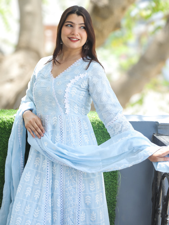 Sophia Ice Blue Anarkali Mul Cotton 3 Piece Set