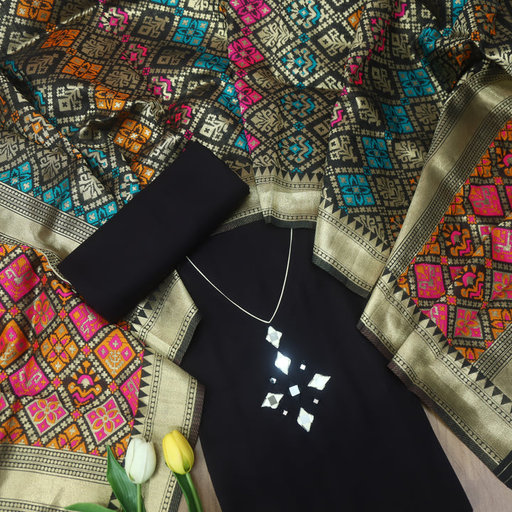 Rooprani Midnight Black V Style Neck Mirror Work Roman Silk Suit Set