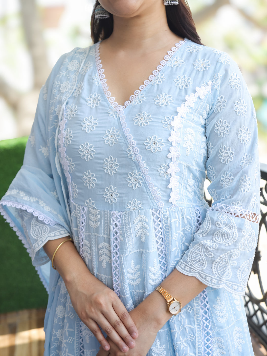 Sophia Ice Blue Anarkali Mul Cotton 3 Piece Set