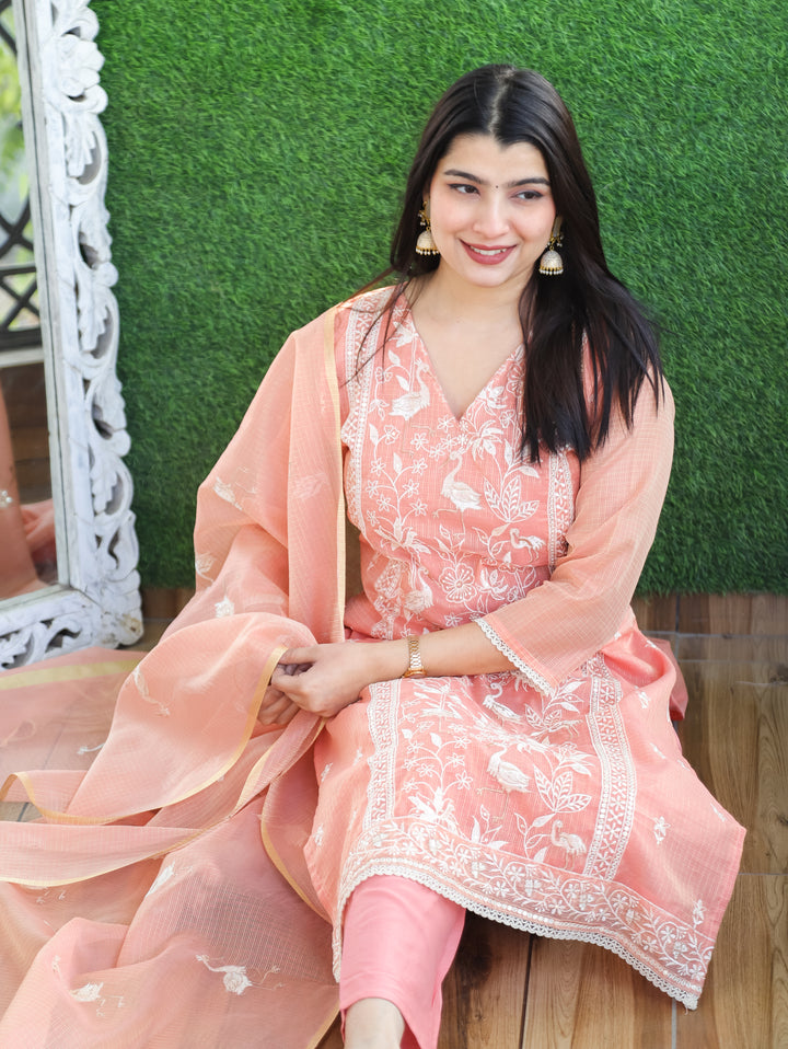 Madhavi Pastel Peach V Neck Embroidered Work Panel Style Shimmer Kota Doriya 3 Piece Set