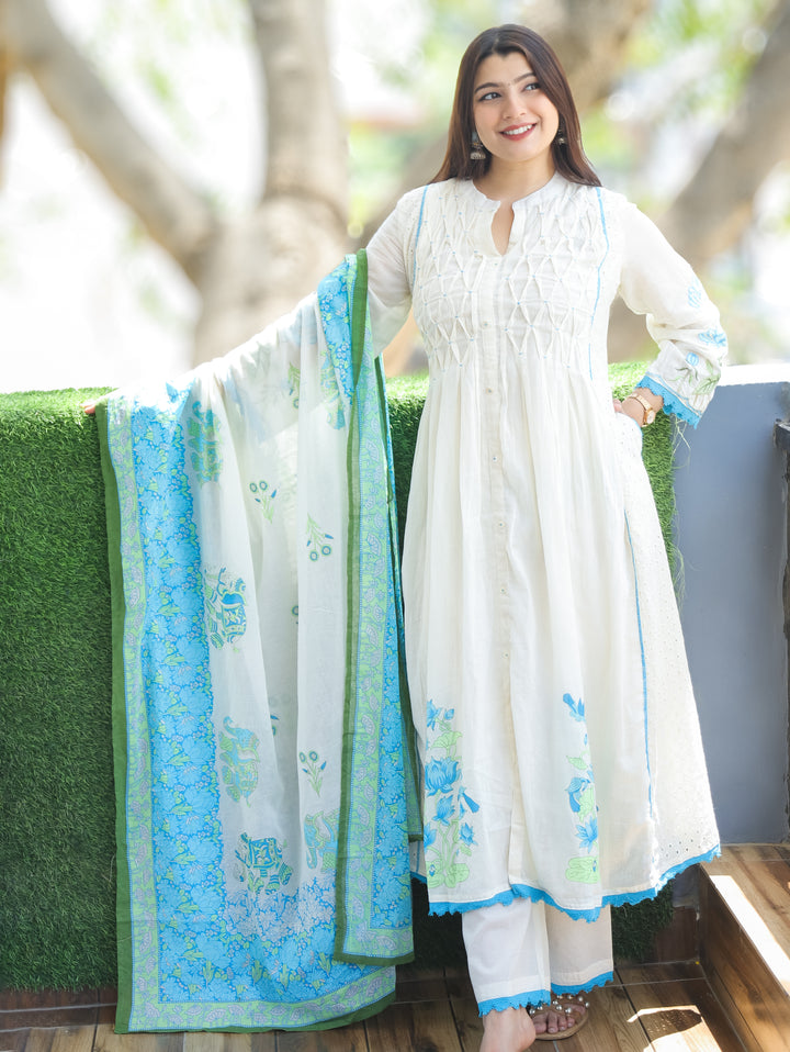 Noor Shell Beige Blue Pintuck Mul Cotton 3 Piece Set