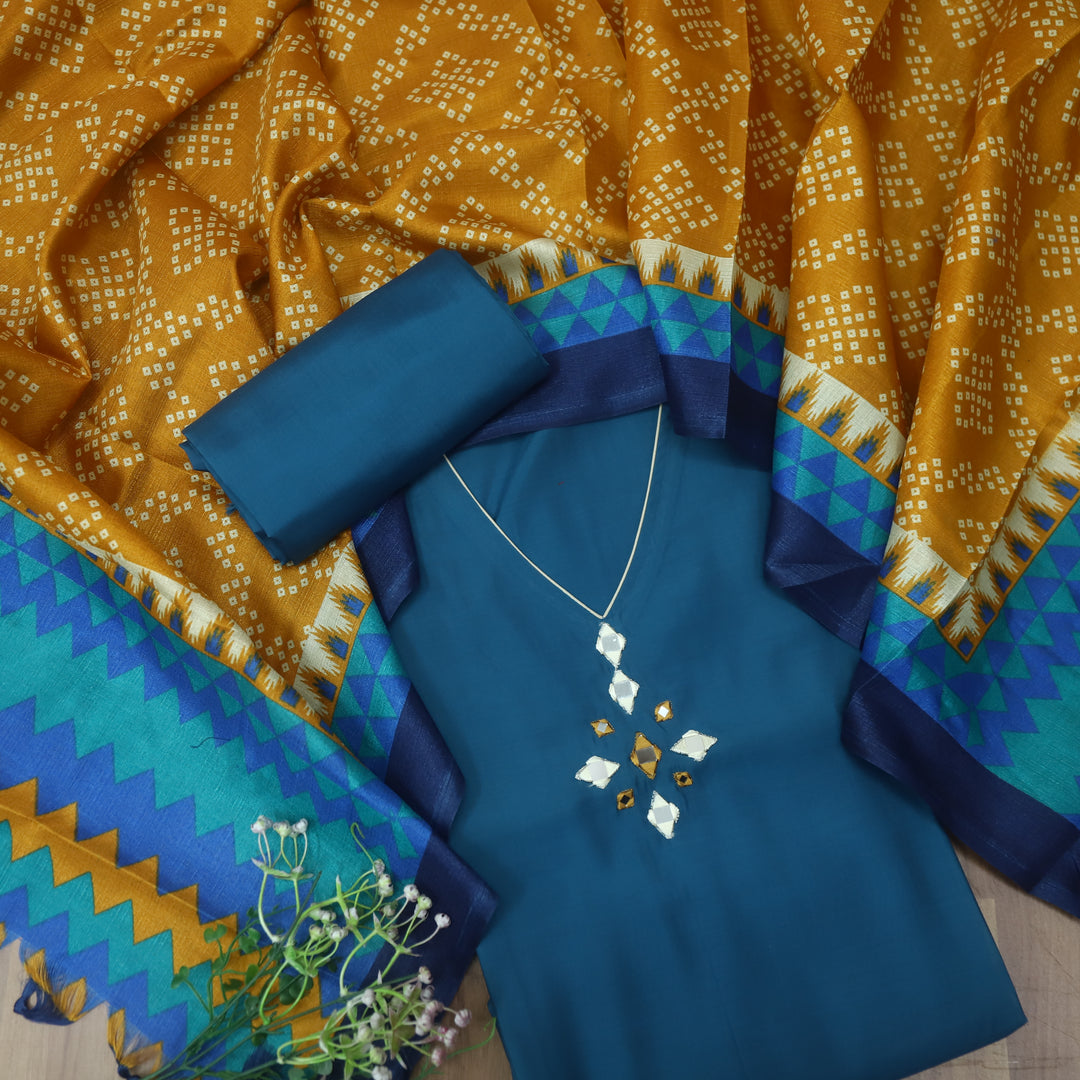 Roopsakhi Cerulean Blue V Neck Mirror Work Detailing Neck Roman Silk Suit Set