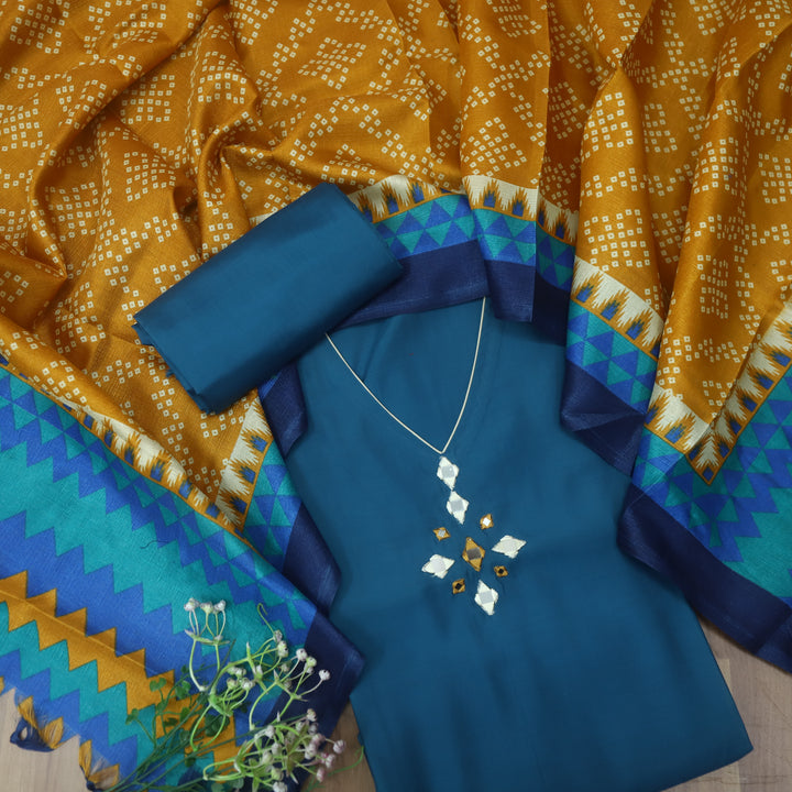 Roopsakhi Cerulean Blue V Neck Mirror Work Detailing Neck Roman Silk Suit Set