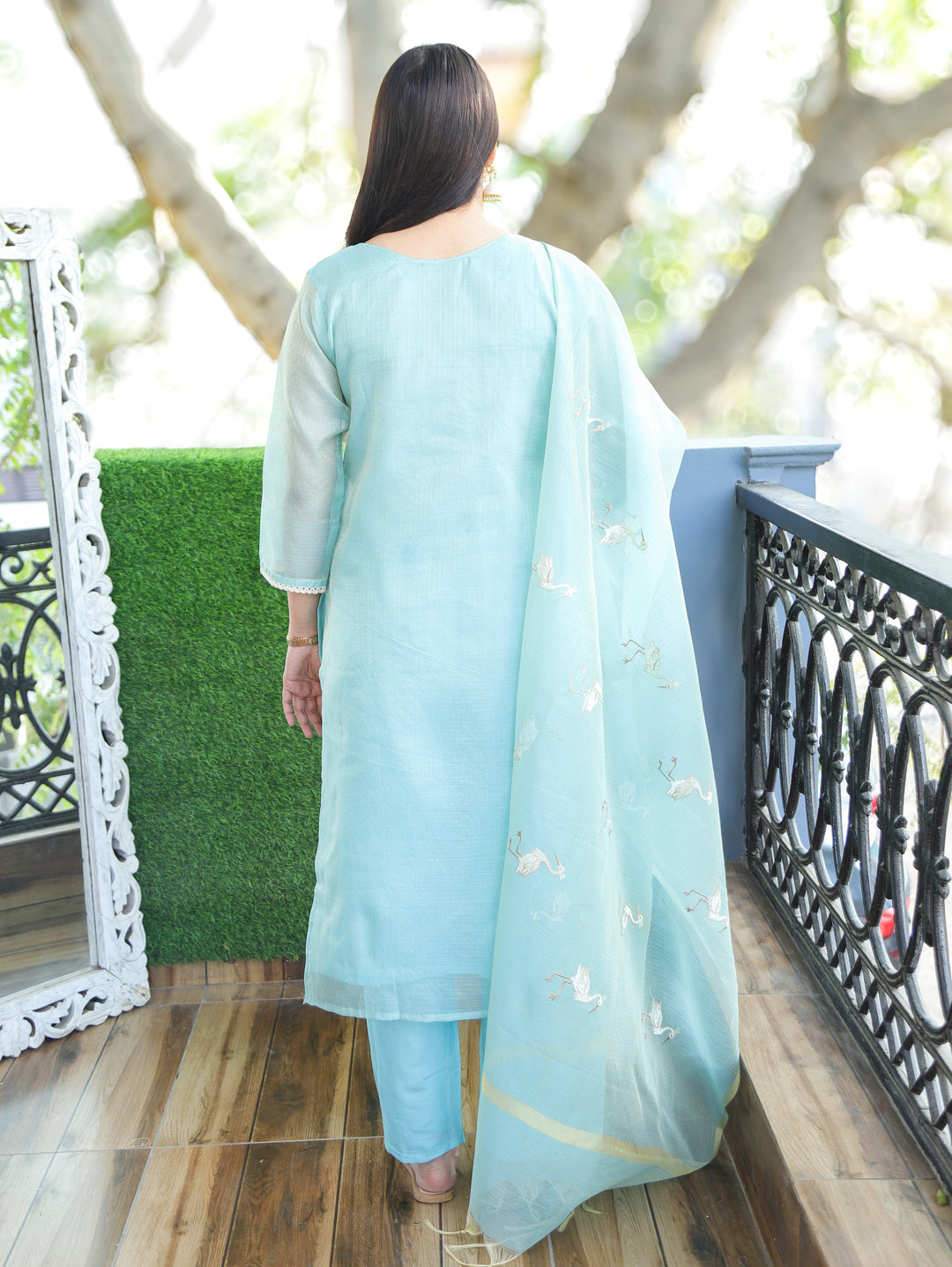 Madhavi Aqua Ocean V Neck Embroidered Work Panel Style Shimmer Kota Doriya 3 Piece Set