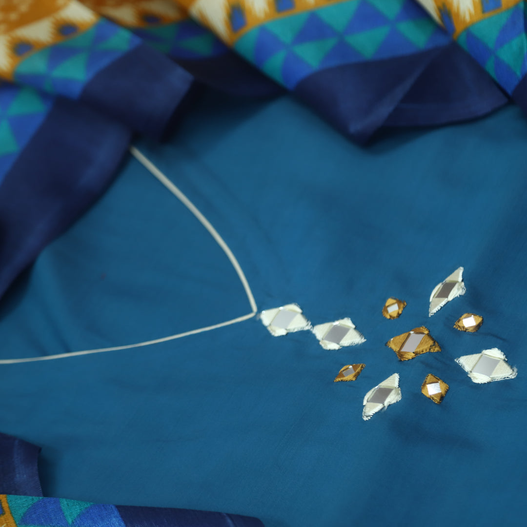 Roopsakhi Cerulean Blue V Neck Mirror Work Detailing Neck Roman Silk Suit Set