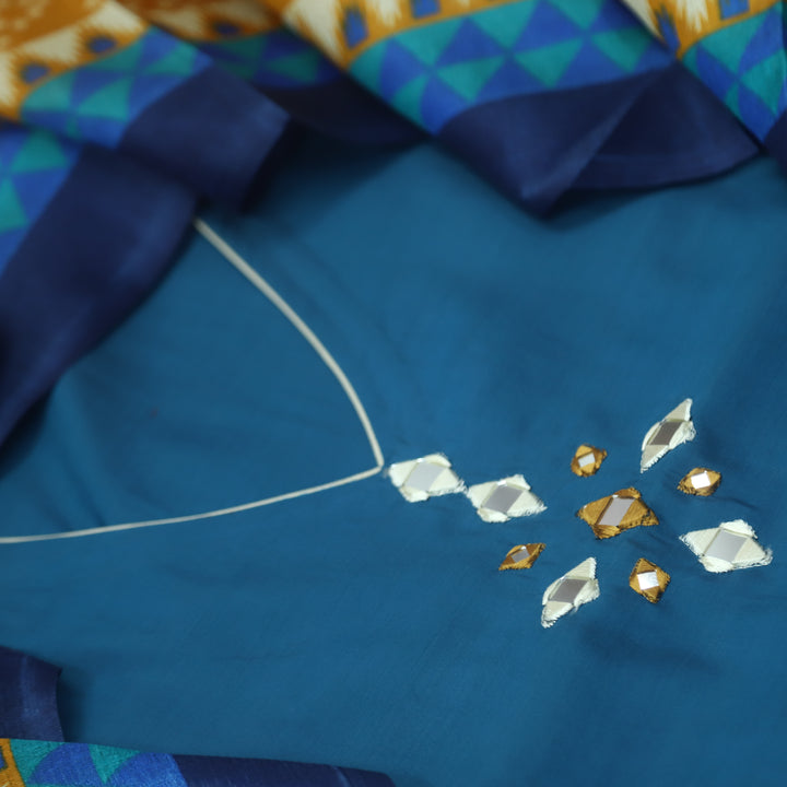 Roopsakhi Cerulean Blue V Neck Mirror Work Detailing Neck Roman Silk Suit Set