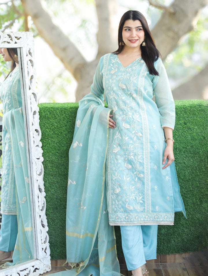 Madhavi Aqua Ocean V Neck Embroidered Work Panel Style Shimmer Kota Doriya 3 Piece Set