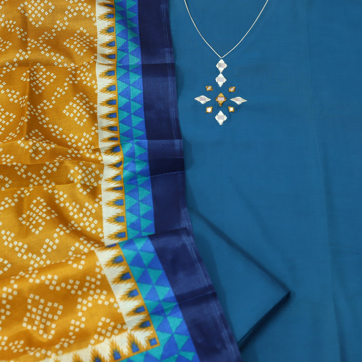 Roopsakhi Cerulean Blue V Neck Mirror Work Detailing Neck Roman Silk Suit Set