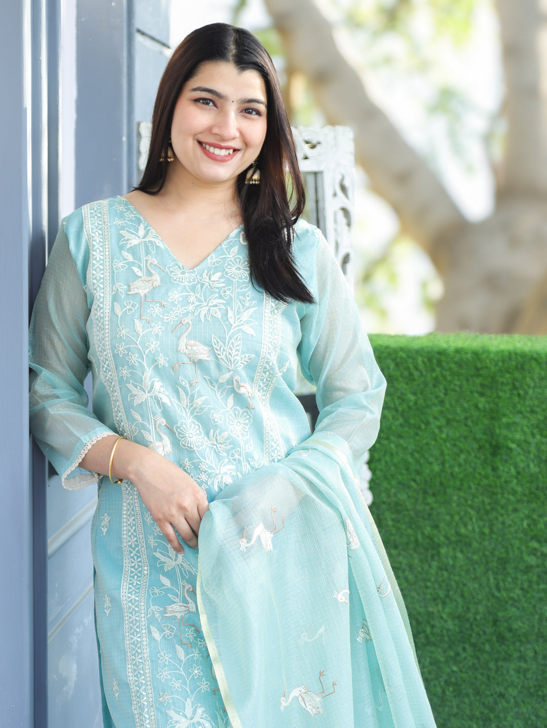 Madhavi Aqua Ocean V Neck Embroidered Work Panel Style Shimmer Kota Doriya 3 Piece Set
