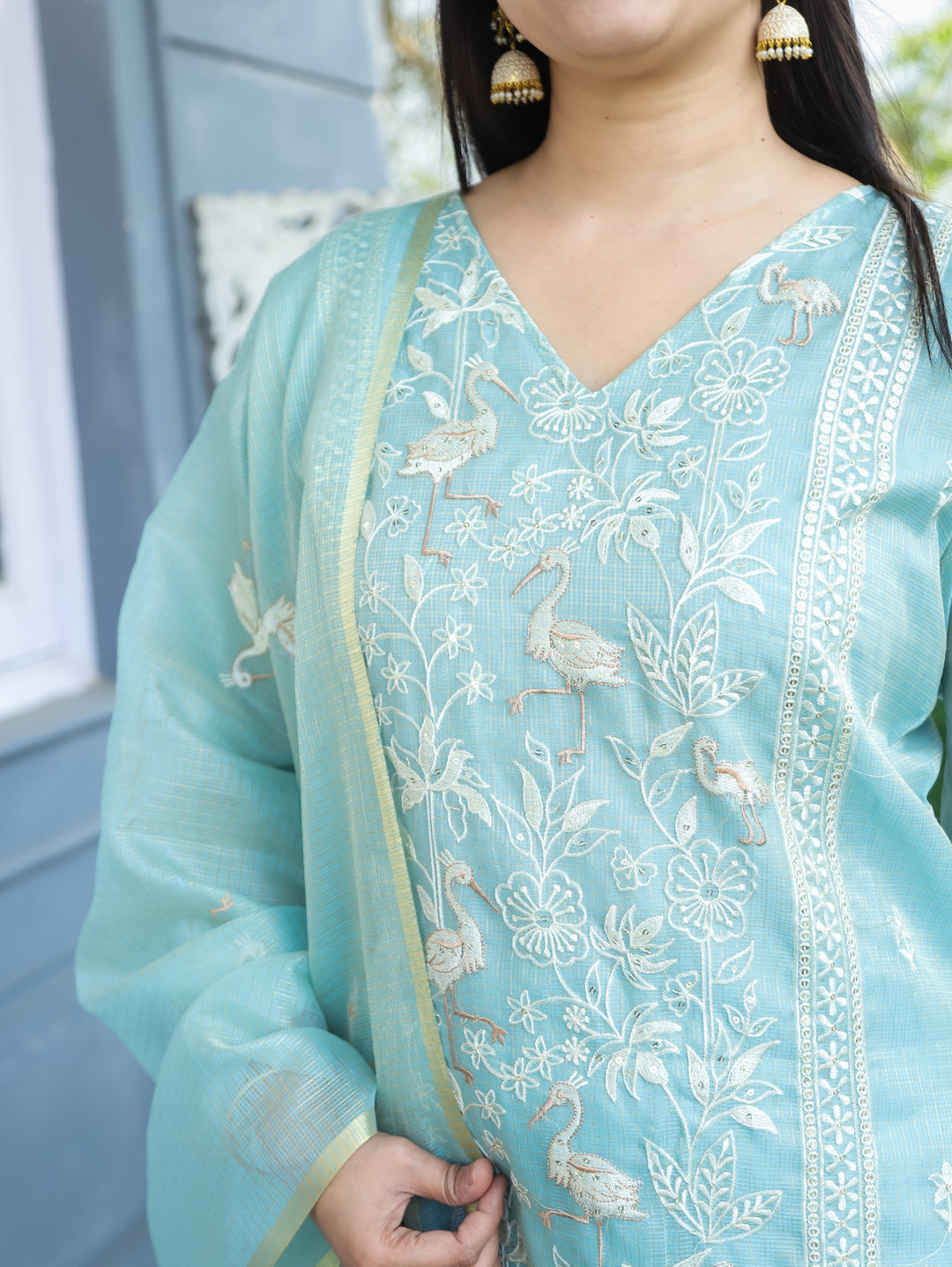 Madhavi Aqua Ocean V Neck Embroidered Work Panel Style Shimmer Kota Doriya 3 Piece Set