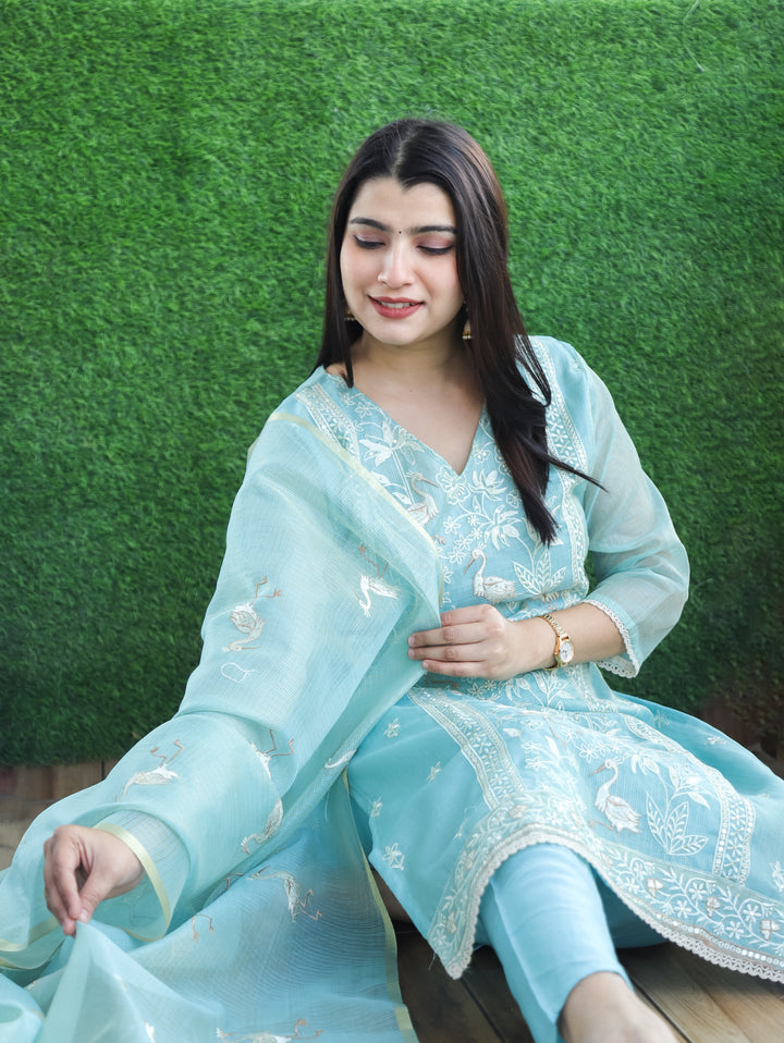 Madhavi Aqua Ocean V Neck Embroidered Work Panel Style Shimmer Kota Doriya 3 Piece Set