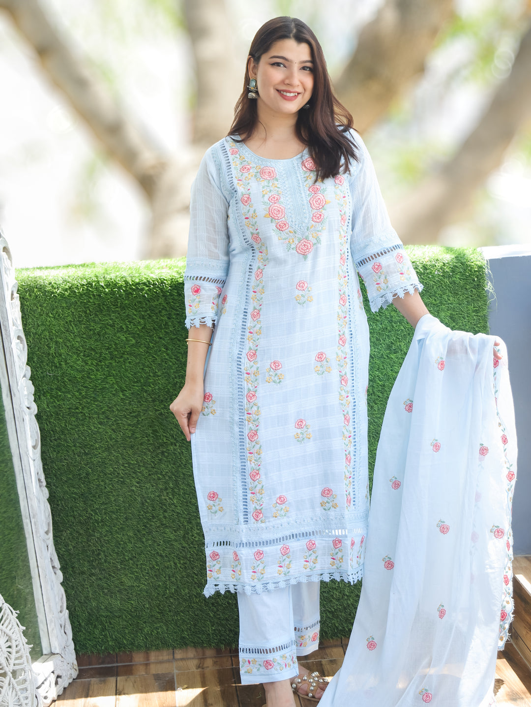 Chloe Stone Blue Floral Mul Cotton 3 Piece Set