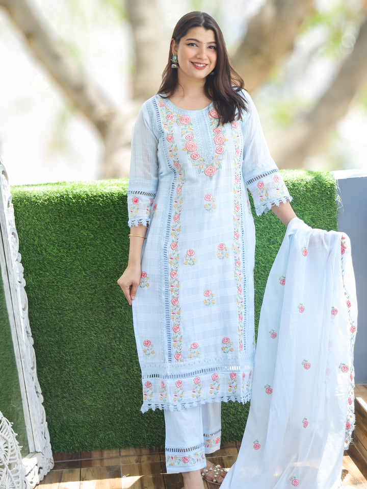 Chloe Stone Blue Floral Mul Cotton 3 Piece Set