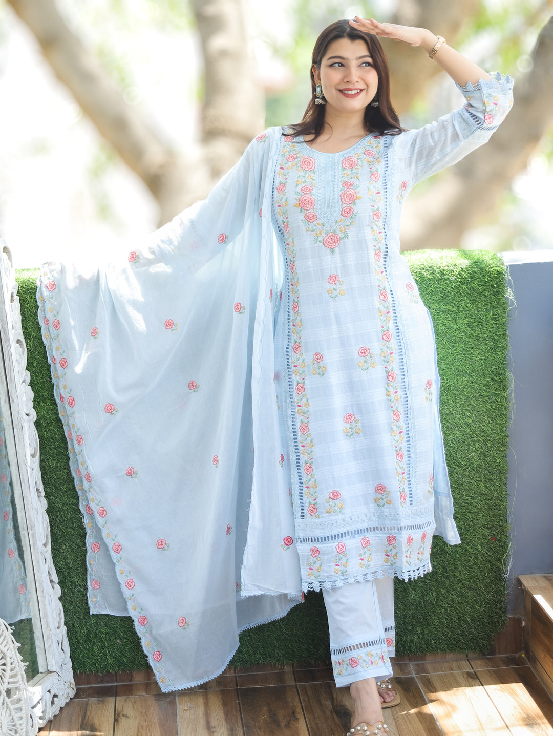 Chloe Stone Blue Floral Mul Cotton 3 Piece Set