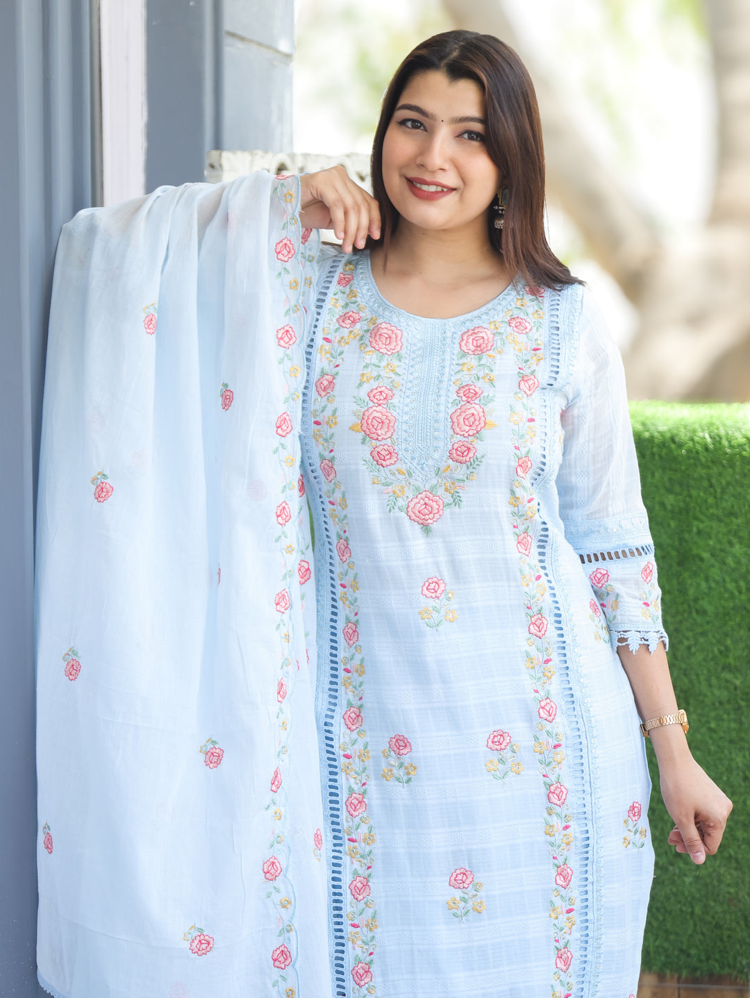 Chloe Stone Blue Floral Mul Cotton 3 Piece Set