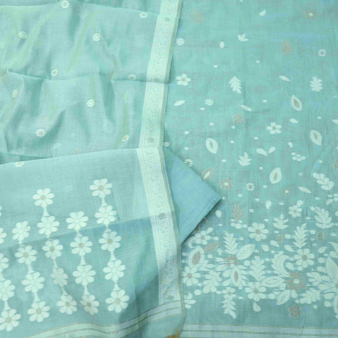 Faasla Ocean Blue Zari with Authentic Jamdani Weaved Suit Set D2