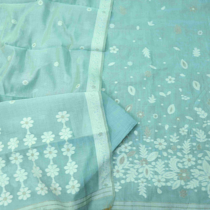 Faasla Ocean Blue Zari with Authentic Jamdani Weaved Suit Set D2