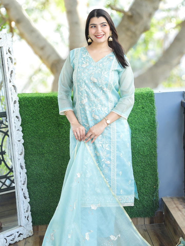 Madhavi Aqua Ocean V Neck Embroidered Work Panel Style Shimmer Kota Doriya 3 Piece Set