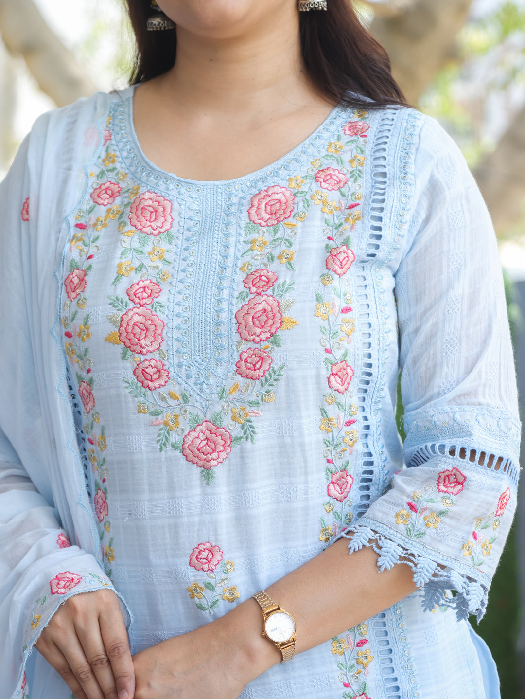 Chloe Stone Blue Floral Mul Cotton 3 Piece Set