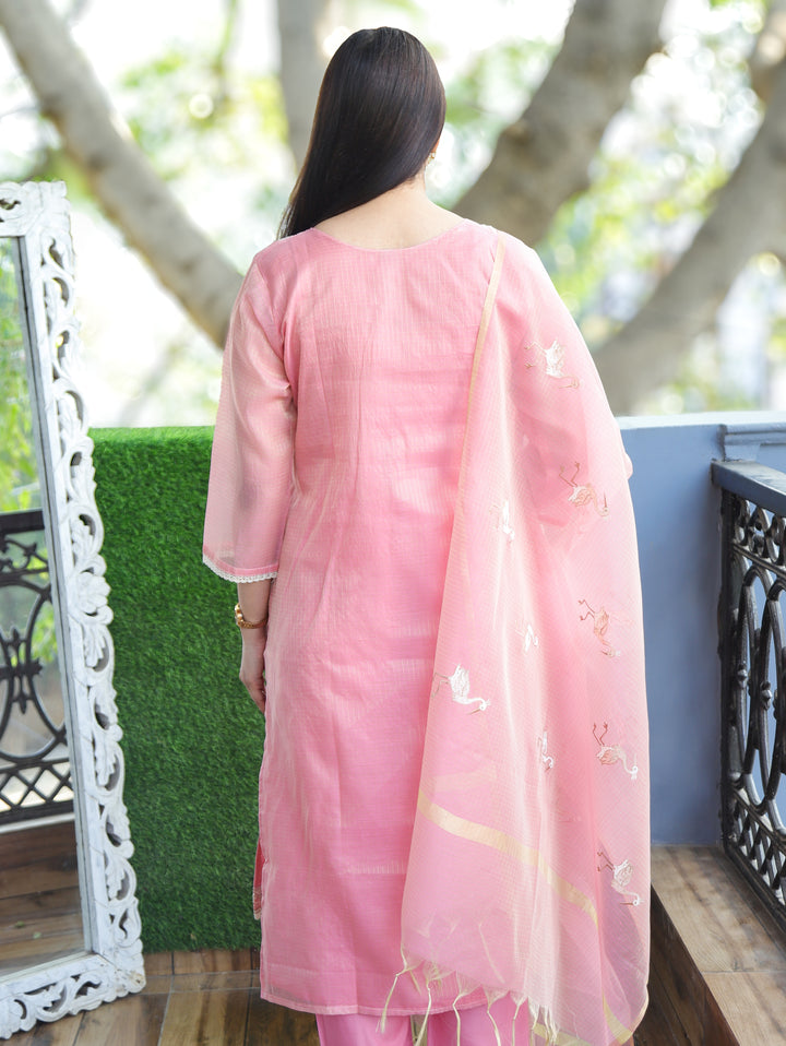 Madhavi Frosty Pink V Neck Embroidered Work Panel Style Shimmer Kota Doriya 3 Piece Set