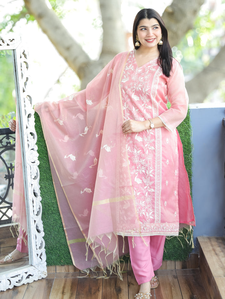 Madhavi Frosty Pink V Neck Embroidered Work Panel Style Shimmer Kota Doriya 3 Piece Set