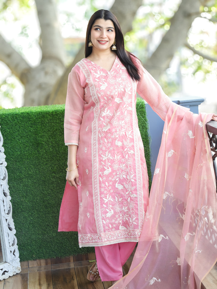 Madhavi Frosty Pink V Neck Embroidered Work Panel Style Shimmer Kota Doriya 3 Piece Set