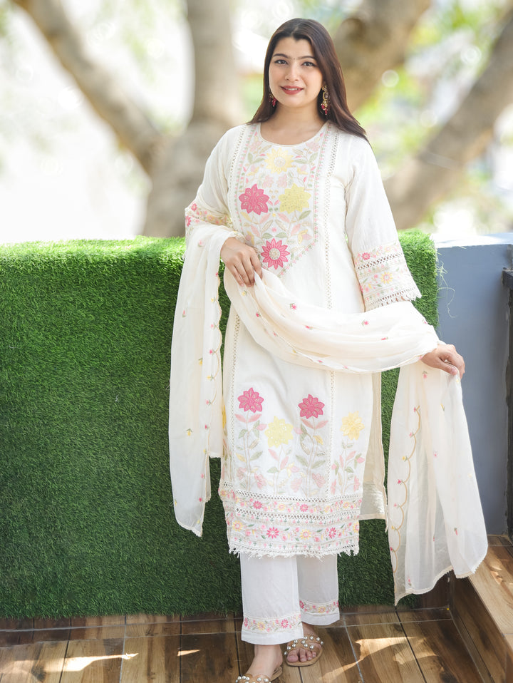 Chloe Shell Beige Embroidered Cotton 3 Piece Set