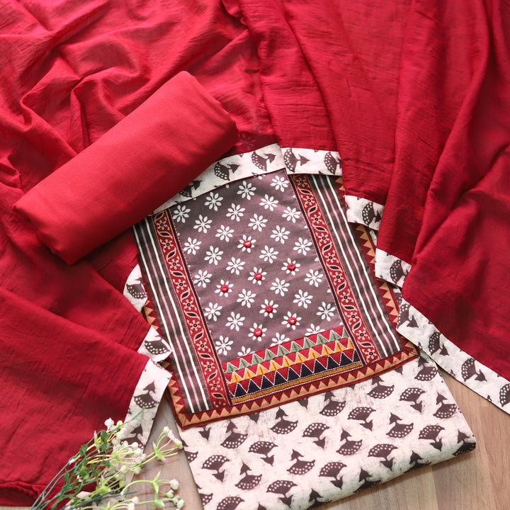 Roopsakhi Latte Tan Beige Dabu Print Mirror Work Kutch Fusion Neck Cotton Suit Set D2