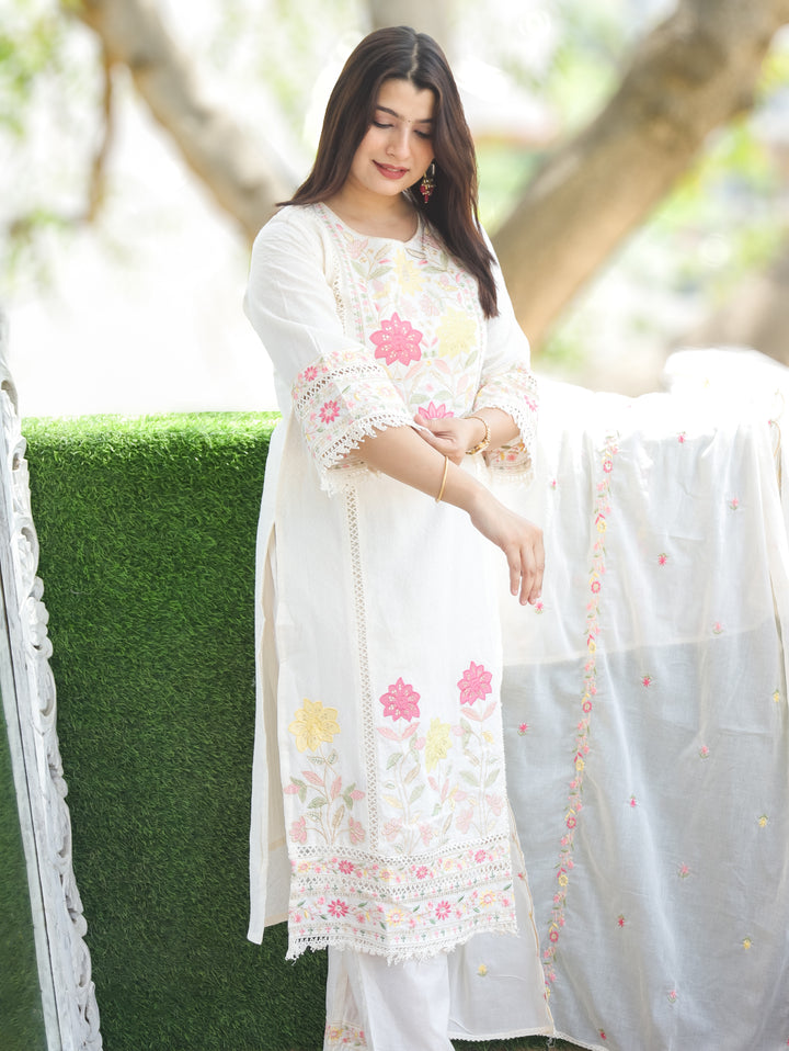 Chloe Shell Beige Embroidered Cotton 3 Piece Set