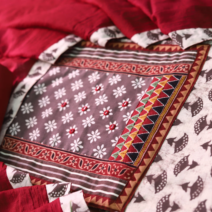 Roopsakhi Latte Tan Beige Dabu Print Mirror Work Kutch Fusion Neck Cotton Suit Set D2