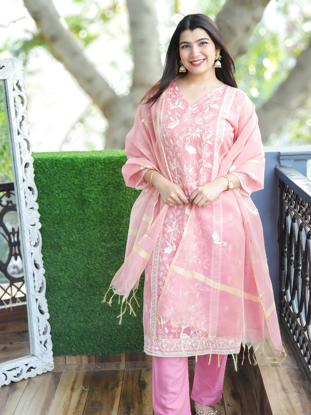 Madhavi Frosty Pink V Neck Embroidered Work Panel Style Shimmer Kota Doriya 3 Piece Set