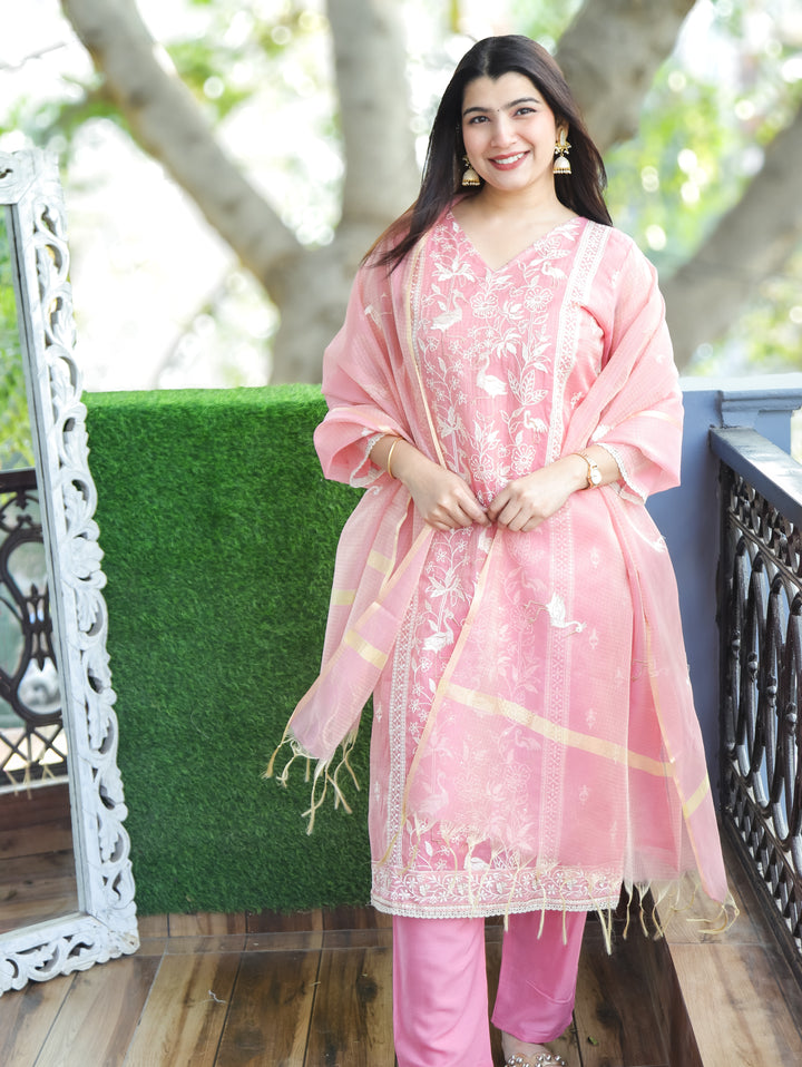 Madhavi Frosty Pink V Neck Embroidered Work Panel Style Shimmer Kota Doriya 3 Piece Set