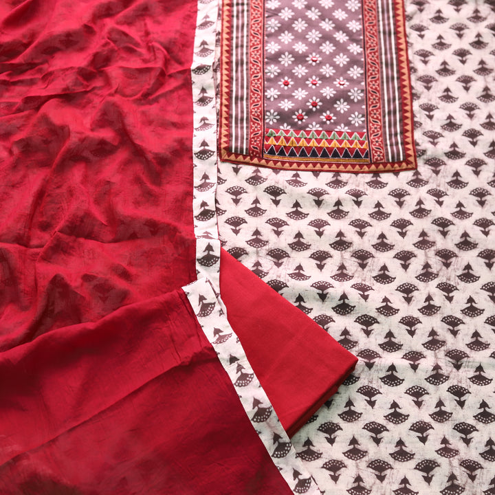 Roopsakhi Latte Tan Beige Dabu Print Mirror Work Kutch Fusion Neck Cotton Suit Set D2