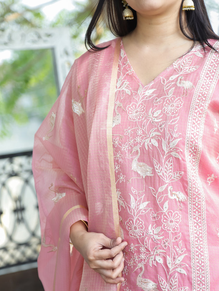 Madhavi Frosty Pink V Neck Embroidered Work Panel Style Shimmer Kota Doriya 3 Piece Set