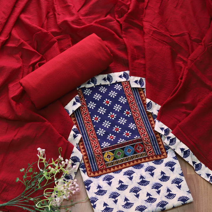 Roopsakhi Indigo Blue Dabu Print Mirror Work Kutch Fusion Neck Cotton Suit Set D2