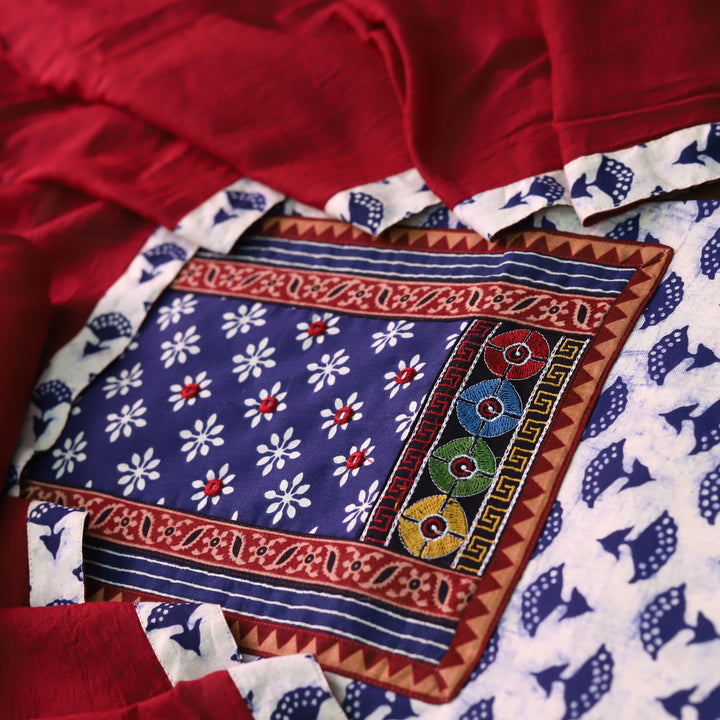Roopsakhi Indigo Blue Dabu Print Mirror Work Kutch Fusion Neck Cotton Suit Set D2
