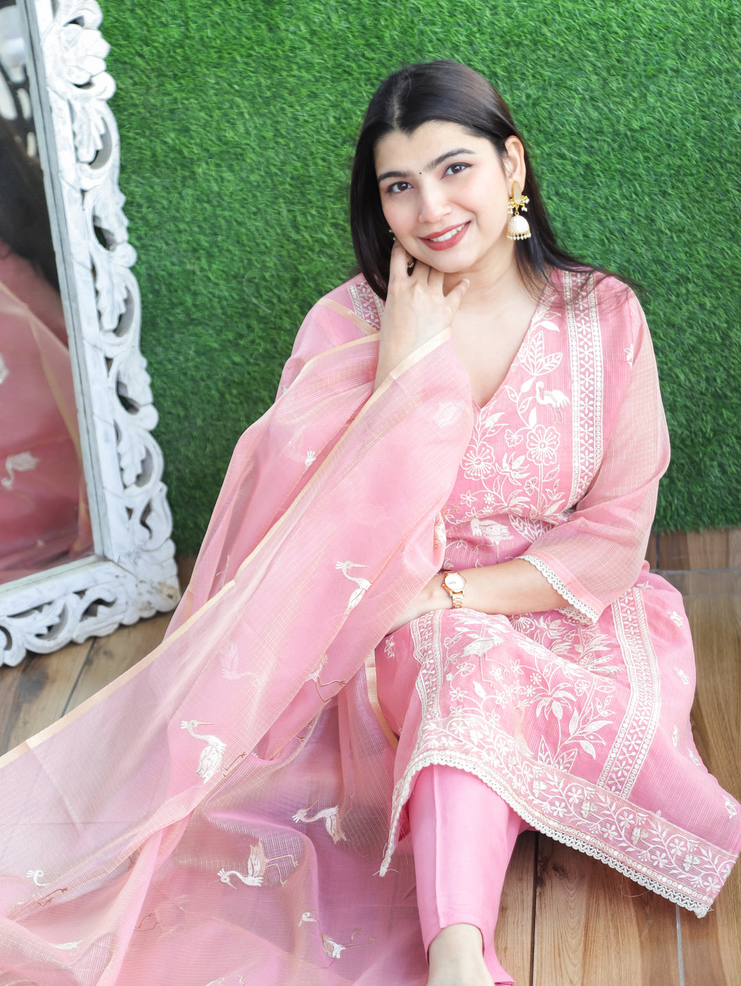 Madhavi Frosty Pink V Neck Embroidered Work Panel Style Shimmer Kota Doriya 3 Piece Set