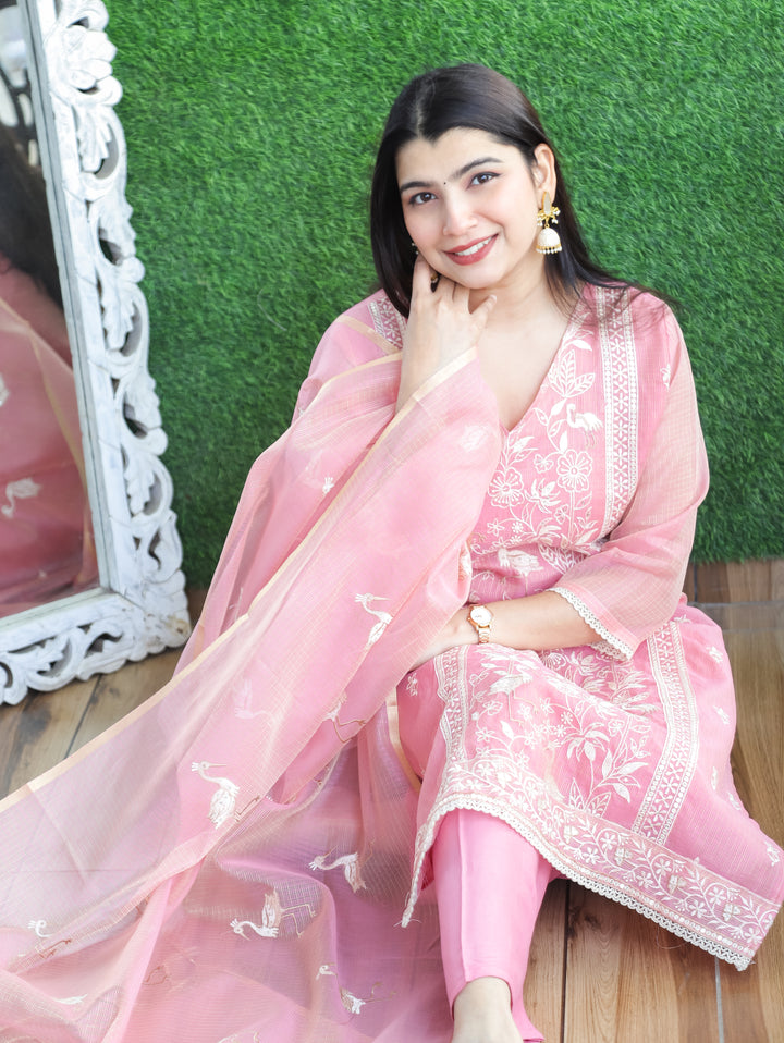 Madhavi Frosty Pink V Neck Embroidered Work Panel Style Shimmer Kota Doriya 3 Piece Set