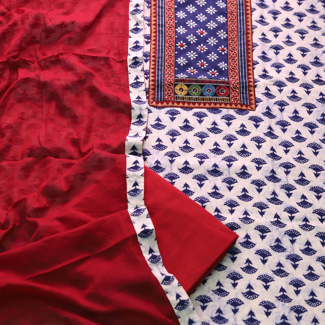 Roopsakhi Indigo Blue Dabu Print Mirror Work Kutch Fusion Neck Cotton Suit Set D2