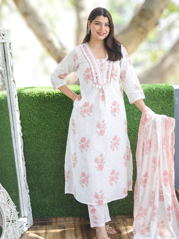 Sophia Cream White Mirror Work Cotton 3 Piece Set