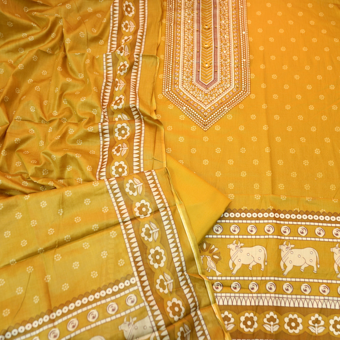 Riyavanshi Canary Yellow Knot and Mirror Work with Pichwai Print Hem Jam Cotton Set