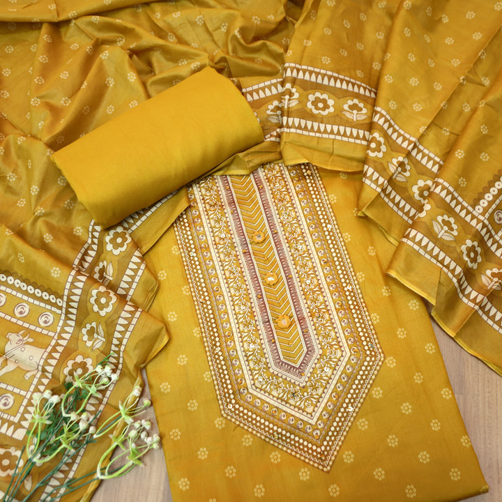 Riyavanshi Canary Yellow Knot and Mirror Work with Pichwai Print Hem Jam Cotton Set