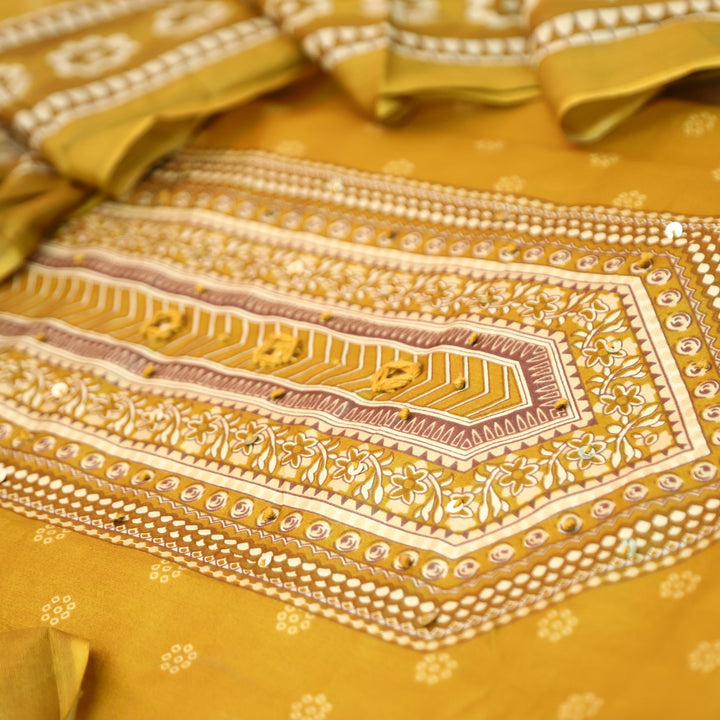 Riyavanshi Canary Yellow Knot and Mirror Work with Pichwai Print Hem Jam Cotton Set