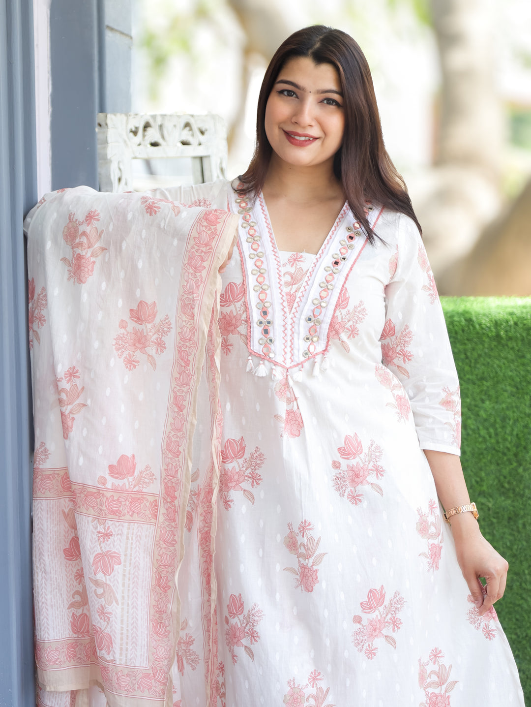 Sophia Cream White Mirror Work Cotton 3 Piece Set