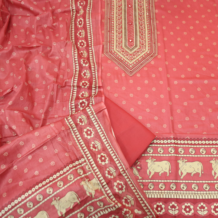 Riyavanshi Frosty Pink Knot and Mirror Work with Pichwai Print Hem Jam Cotton Set