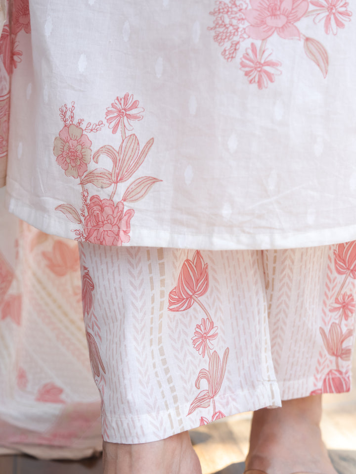 Sophia Cream White Mirror Work Cotton 3 Piece Set
