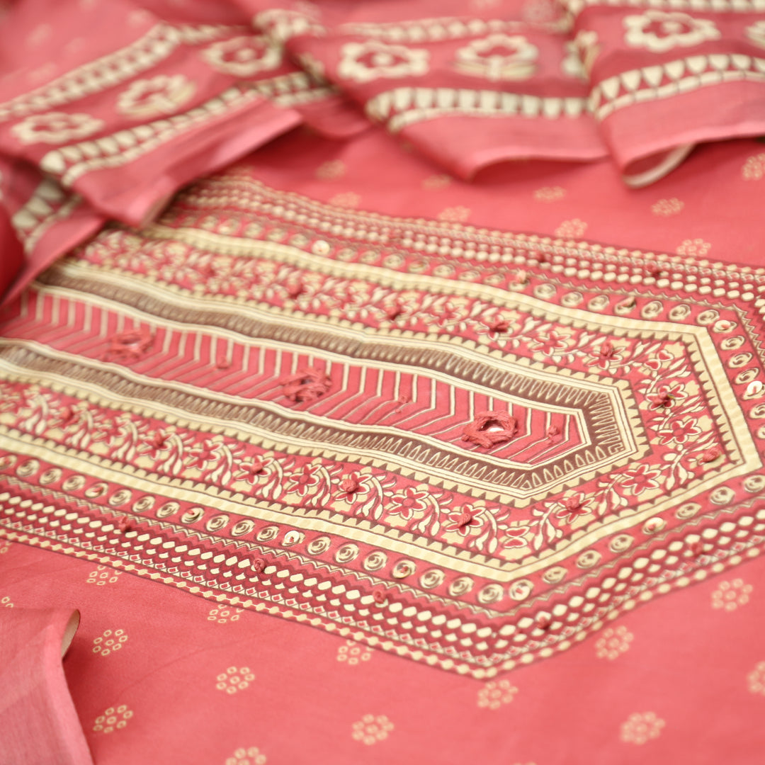 Riyavanshi Frosty Pink Knot and Mirror Work with Pichwai Print Hem Jam Cotton Set