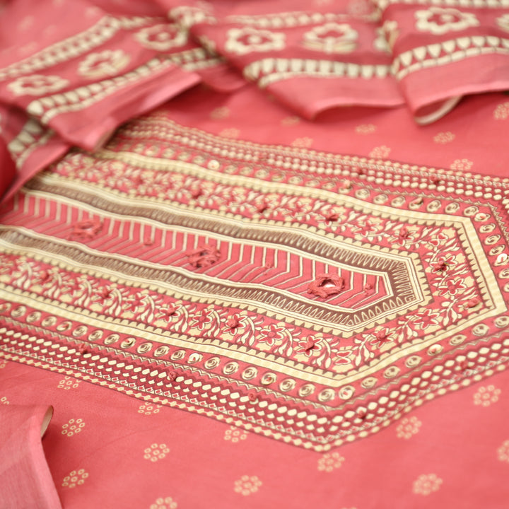 Riyavanshi Frosty Pink Knot and Mirror Work with Pichwai Print Hem Jam Cotton Set