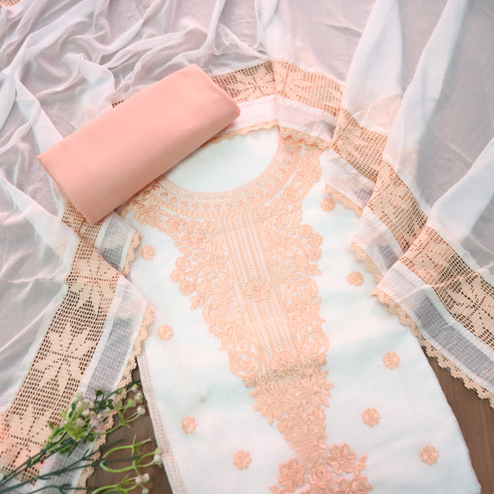 Gulmeher White with Peach Thread Embroidered Neck Panel Kota Doriya Suit Set