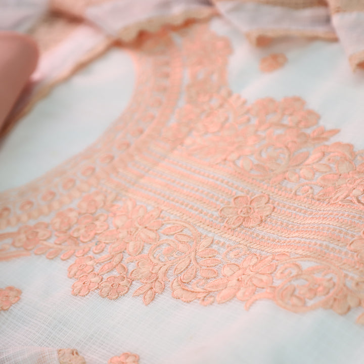 Gulmeher White with Peach Thread Embroidered Neck Panel Kota Doriya Suit Set